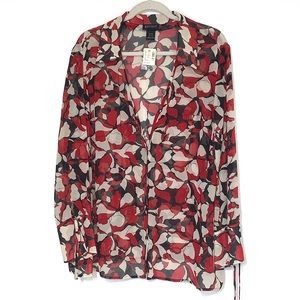 Lane Bryant Red Cream Floral Button Down Tie Cuff Semi Sheer Blouse NWT 18/20